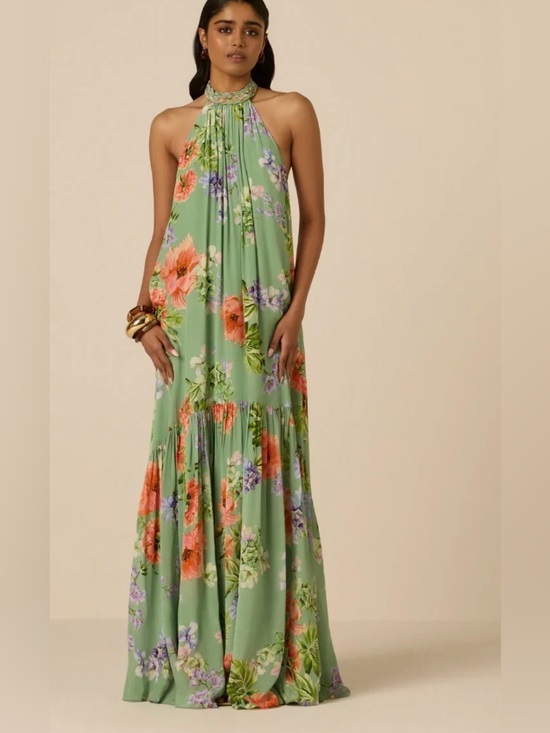 HEMANT & NANDITA Dresses & Skirts - HEMANT & NANDITA Sage Green Floral Halter Maxi Dress